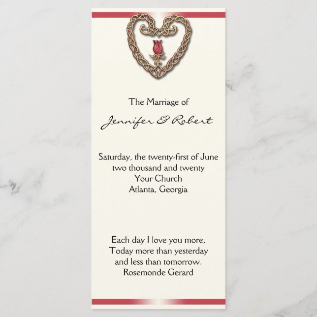 Celtic Heart with red Rose Wedding Program Programme (Front)
