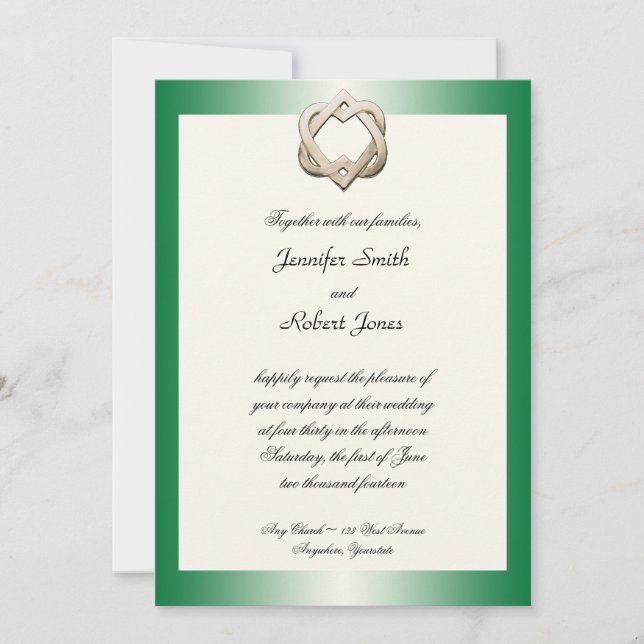 Celtic Hearts on Green Gradient Wedding Invitation (Front)
