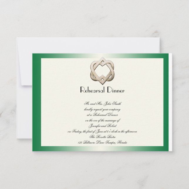 Celtic Hearts on Green Gradient Wedding Rehearsal Invitation (Front)