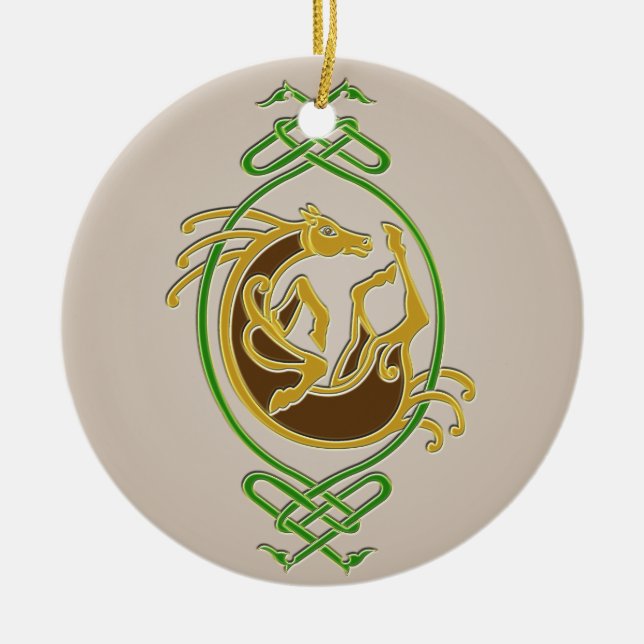 Celtic Horse Knotwork - Green & Gold Ceramic Tree Decoration (Front)