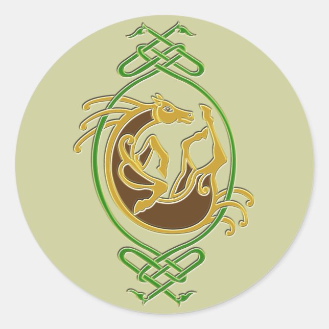 Celtic Horse Knotwork - Green & Gold Classic Round Sticker (Front)