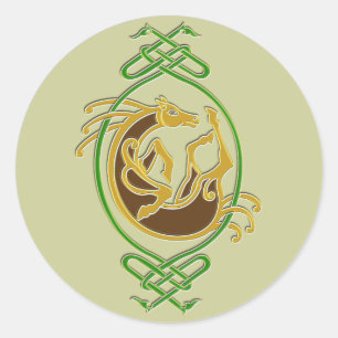 Celtic Horse Knotwork - Green & Gold Classic Round Sticker
