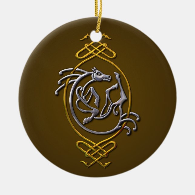 Celtic Horse Knotwork - Silver & Gold Ceramic Tree Decoration (Front)