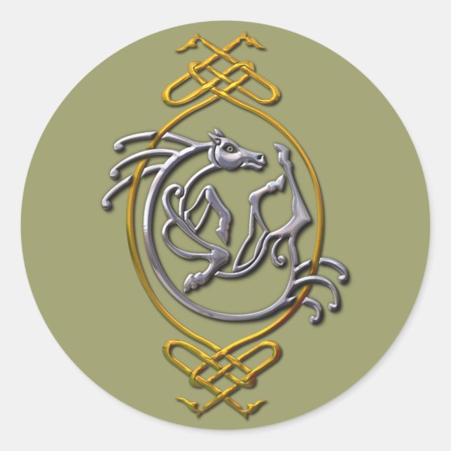 Celtic Horse Knotwork - Silver & Gold Classic Round Sticker (Front)