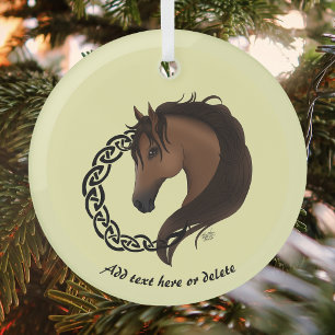 Celtic Horse Yellow Knotwork Circle Mythic Equine Glass Tree Decoration