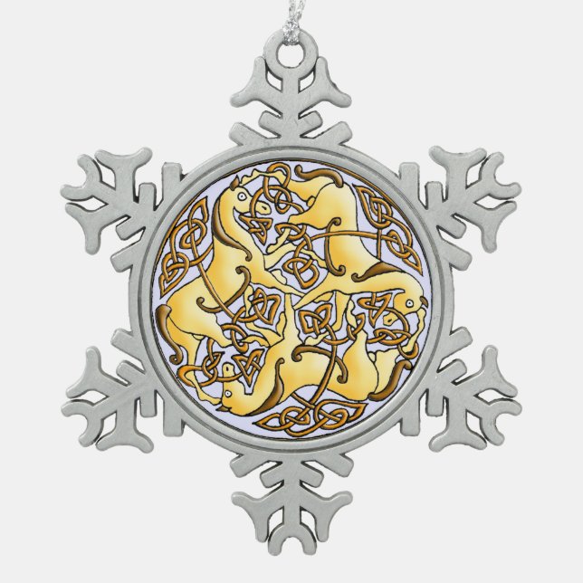Celtic horses and knots in circle antique pattern snowflake pewter christmas ornament (Front)