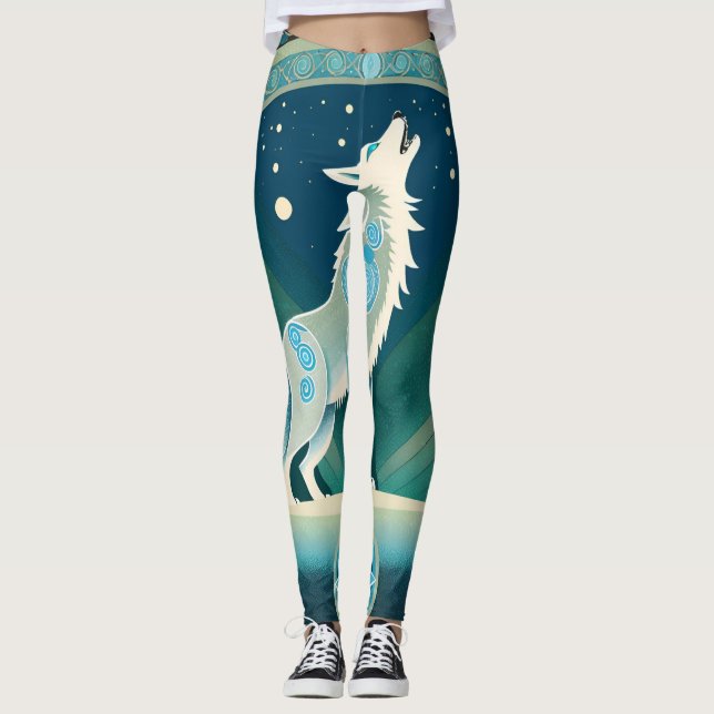Celtic Howling Wolf design Leggings in Blue Tones (Front)