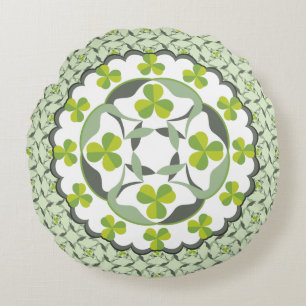 Celtic Inspired Shamrock Green Clover Pattern Round Cushion