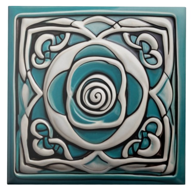 Celtic Inspired Turquoise and White Rose Flower Tile (Front)