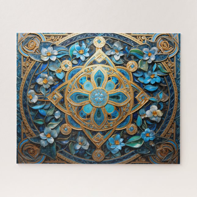 Celtic Knot Blue Gold Flowers Knotwork Jigsaw Puzzle (Horizontal)