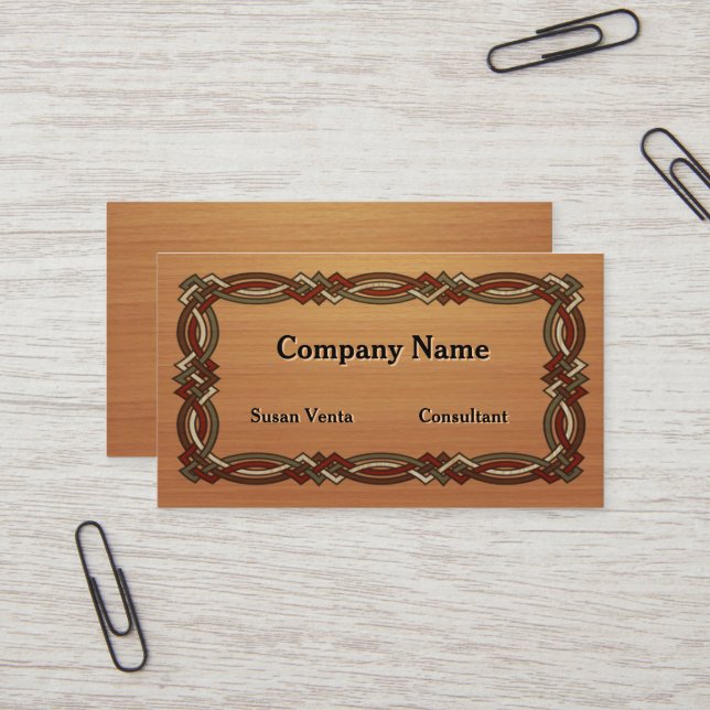 Celtic Knot Border Inlaid Wood look Business Card (Front/Back In Situ)