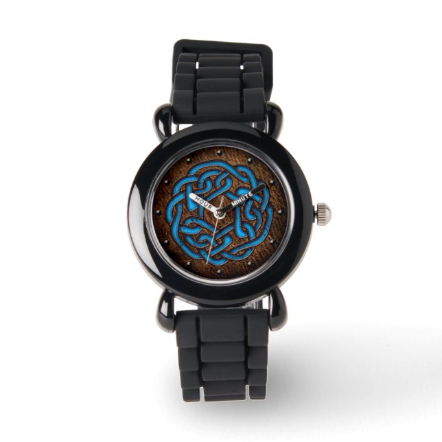 Celtic knot bright blue on leather digital art watch (Front)