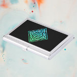 Celtic Knot Card Holder: Diamond Blue Green Design Business Card Holder<br><div class="desc">A card holder of a blue-green Celtic knot with border design against a black background.</div>