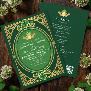 Celtic Knot Claddagh Shamrock Wedding Green QR Invitation