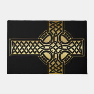 Celtic Knot Cross in Gold and Black Floor Mat