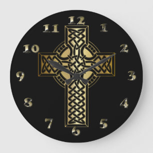 Celtic Knot Cross in Gold and Black Large Clock