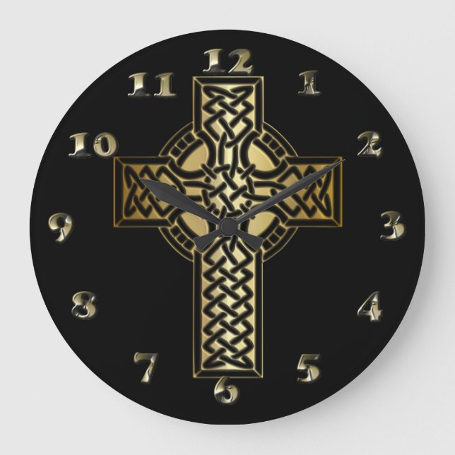 Celtic Knot Cross in Gold and Black Large Clock (Front)