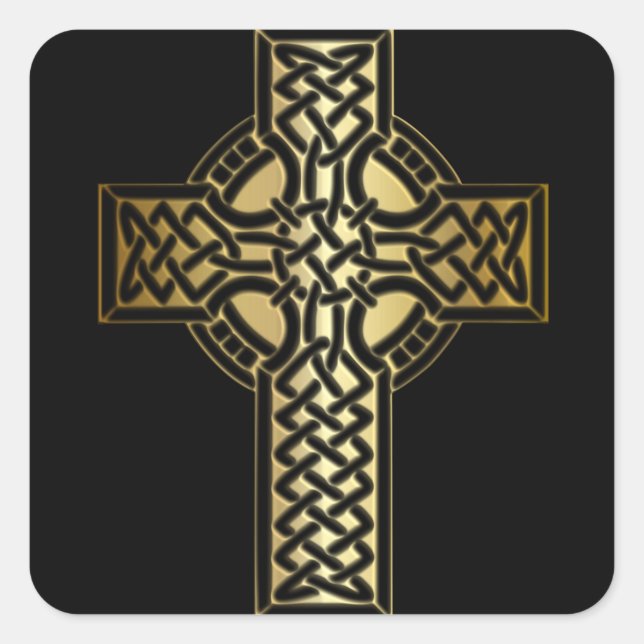 Celtic Knot Cross in Gold and Black Square Sticker (Front)