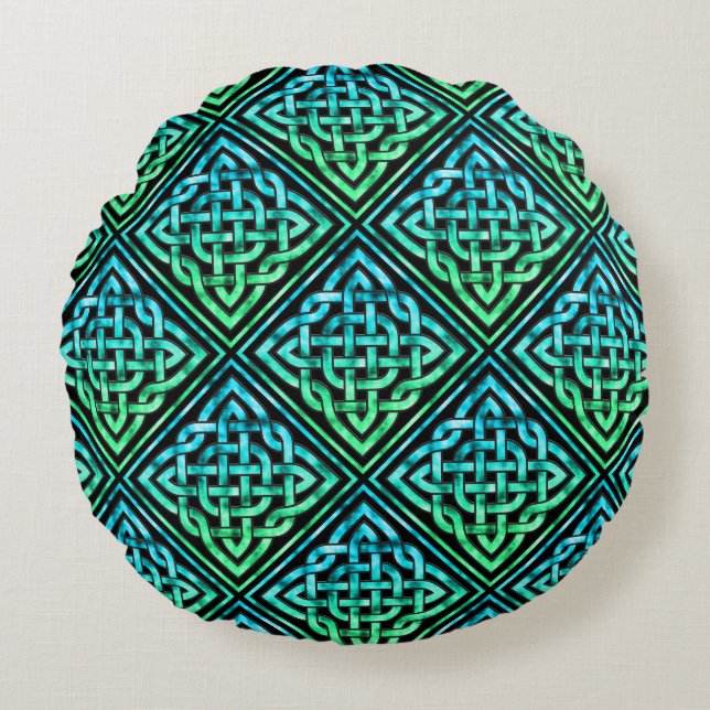 Celtic Knot - Diamond Blue Green Round Cushion (Front)