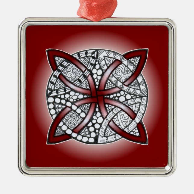 Celtic Knot Doodle Maroon Red Metal Tree Decoration (Front)