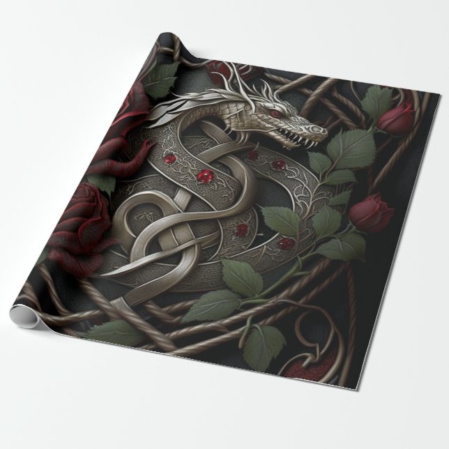 Celtic Knot Dragon Goth Red Roses Wrapping Paper (Unrolled)