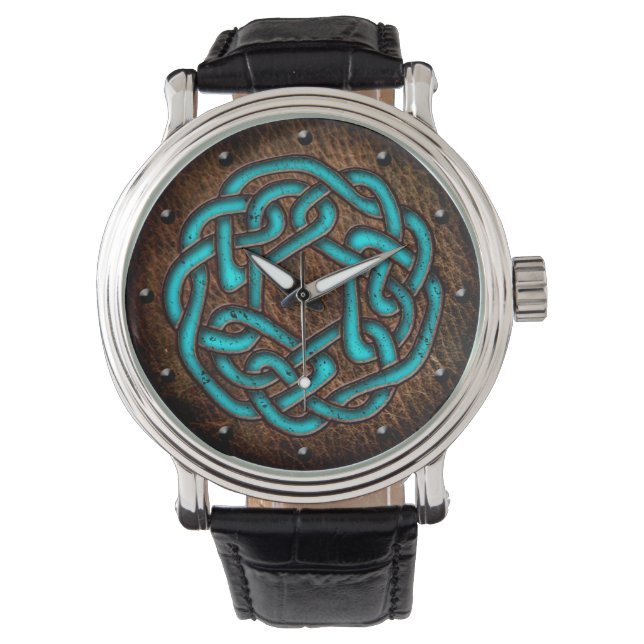 Celtic knot enameled blue on leather digital art watch (Front)