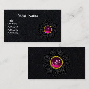 CELTIC KNOT FLOWER FUCHSIA GEMSTONE MONOGRAM Black Business Card