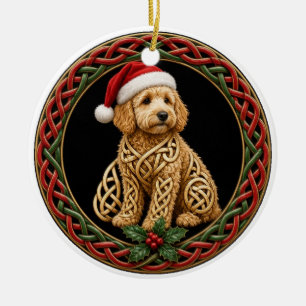 Celtic Knot Goldendoodle Santa Hat Christmas Ceramic Tree Decoration