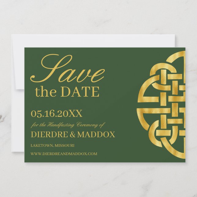 Celtic Knot Green & Gold Handfasting Save The Date (Front)