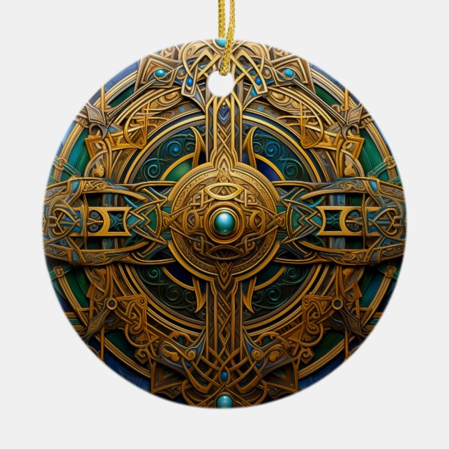 Celtic Knot Green Gold Knotwork Ceramic Tree Decoration (Front)