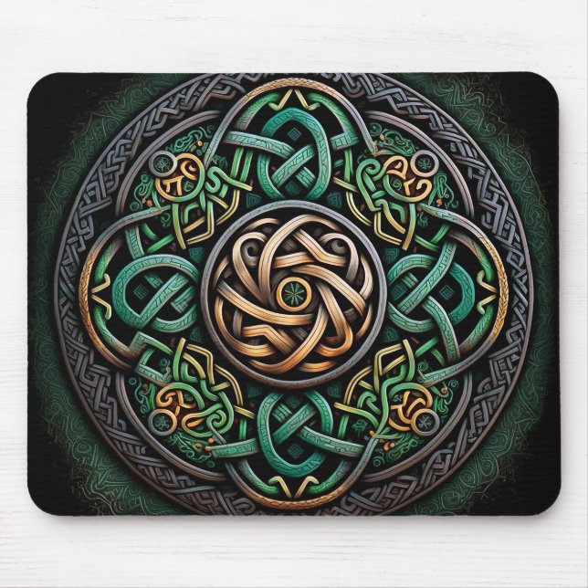 Celtic Knot Green Gold Knotwork Mouse Mat (Front)