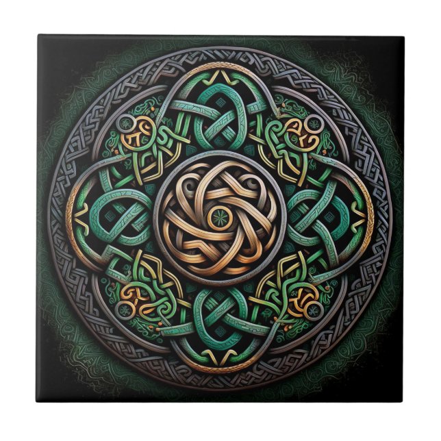 Celtic Knot Green Gold Knotwork Tile (Front)