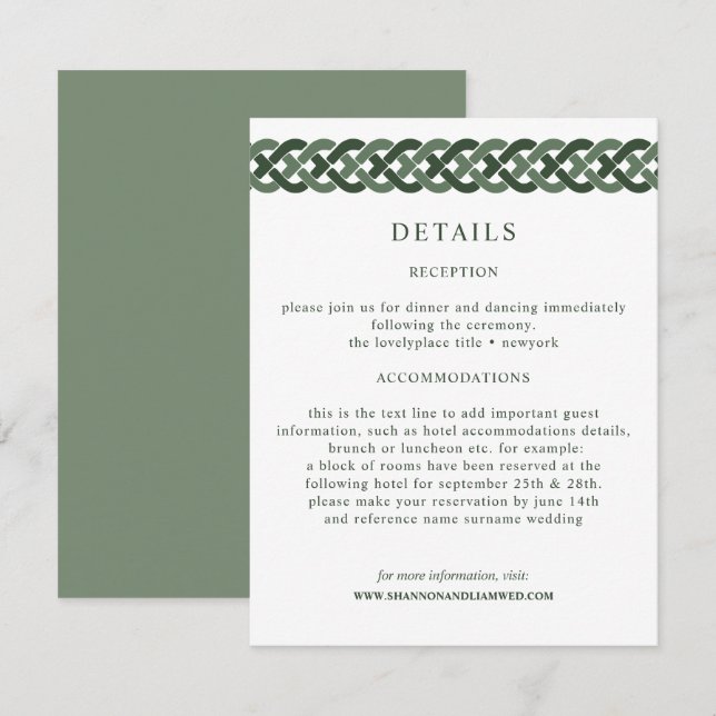 Celtic Knot | Green Wedding Information Guest Enclosure Card (Front/Back)