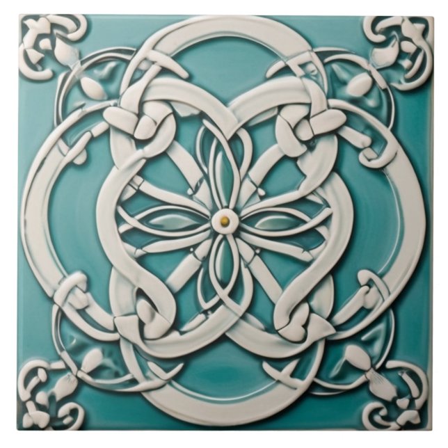 Celtic Knot Inspired Turquoise and White Flower Tile (Front)