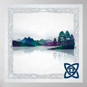 Celtic Knot Misty Mountain Lake Scottish Art Poster