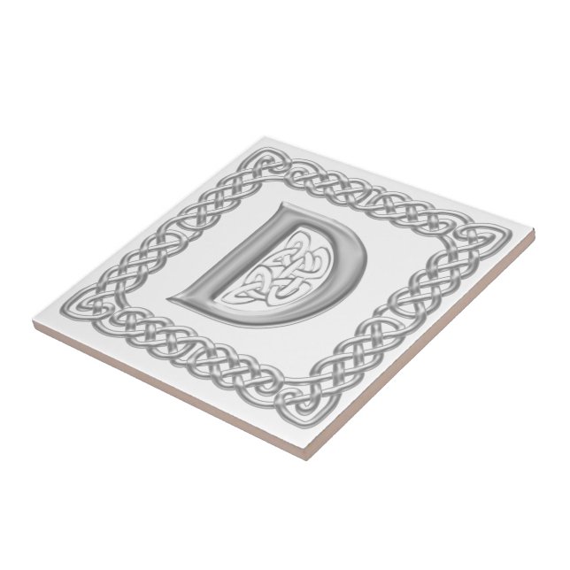Celtic Knot Monogram Silver Effect Letter D Tile (Side)