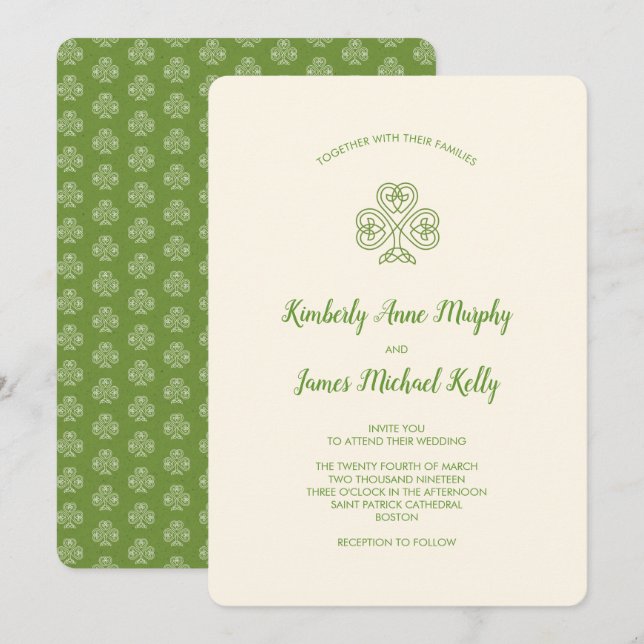 Celtic Knot Shamrock Wedding Ivory Invitation (Front/Back)