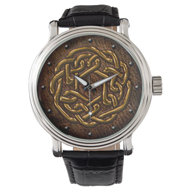 Celtic knot shiny golden on leather digital art watch (Front)