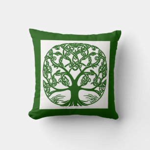 Celtic Knot Tree of Life Green on White Cushion
