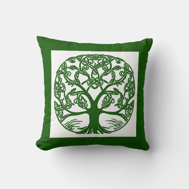 Celtic Knot Tree of Life Green on White Cushion (Front)