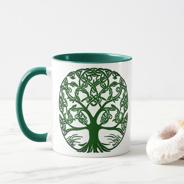 Celtic Knot Tree of Life Green on White Mug (With Donut)