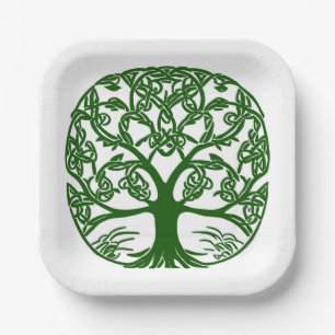 Celtic Knot Tree of Life Green on White Paper Plate