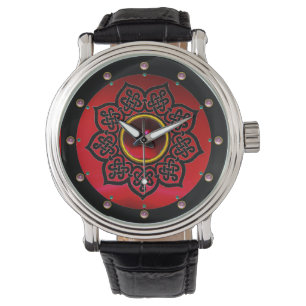 CELTIC KNOTS FLOWER , RED BURGUNDY RUBY GEM STONES WATCH