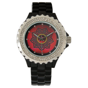 CELTIC KNOTS FLOWER , RED BURGUNDY RUBY GEM STONES WATCH