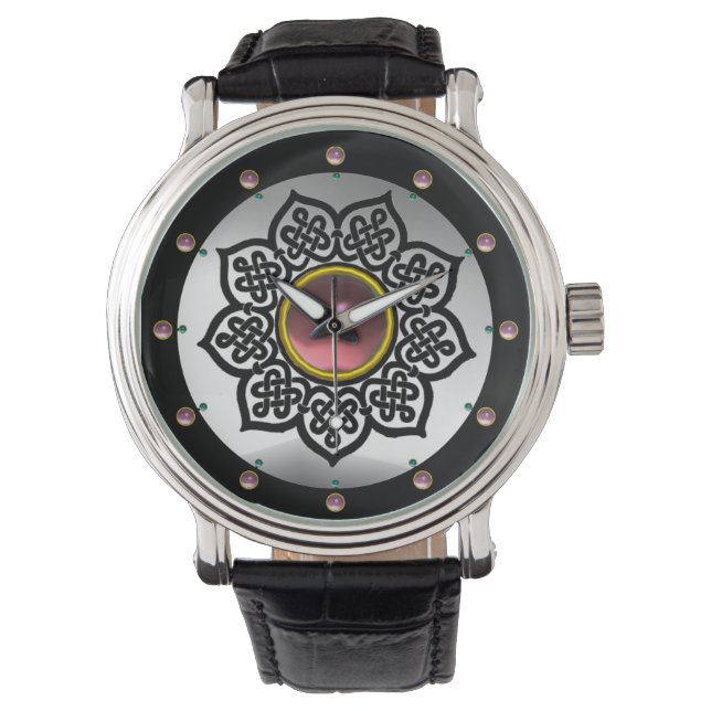 CELTIC KNOTS FLOWER,WHITE PINK AMETHYST GEM STONES WATCH (Front)