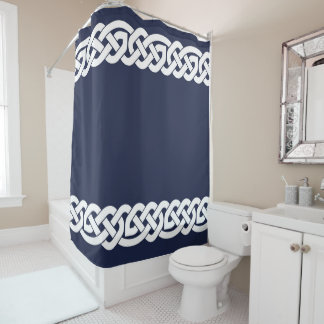 Celtic knots, ornamental,  navy blue, white shower curtain