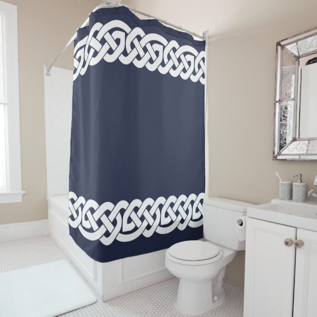 Celtic knots, ornamental,  navy blue, white shower curtain (In Situ)