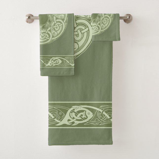 Celtic Knotwork Fish in Green Bath Towel Set (Insitu)