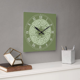 Celtic Knotwork Fish in Green Square Wall Clock