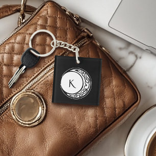 Celtic Knotwork Moon Circle Monogram Black White Key Ring
